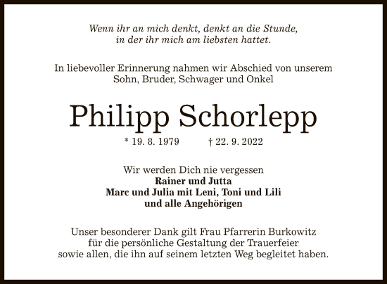 Anzeige von Philipp Schorlepp von Reutlinger General-Anzeiger