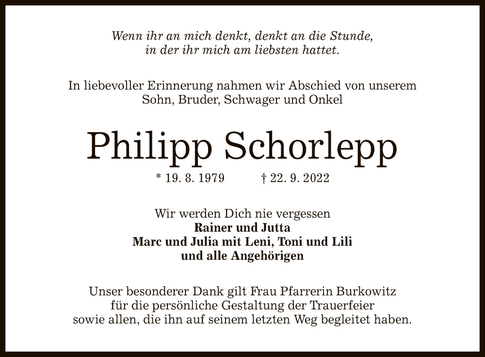  Traueranzeige für Philipp Schorlepp vom 22.10.2022 aus Reutlinger General-Anzeiger