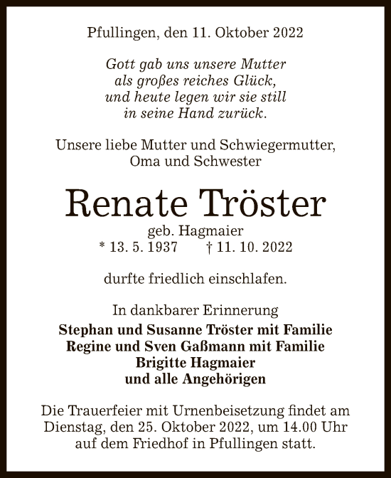 Anzeige von Renate Tröster von Reutlinger General-Anzeiger