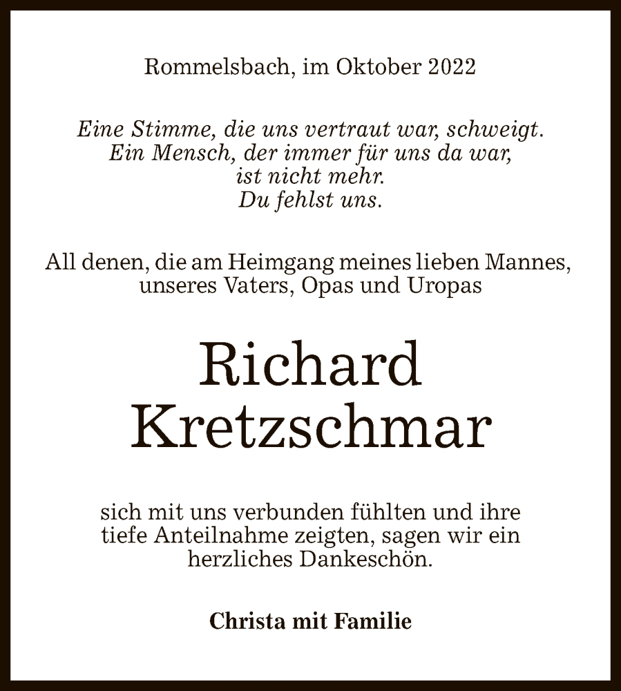  Traueranzeige für Richard Kretzschmar vom 13.10.2022 aus Reutlinger General-Anzeiger