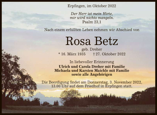 Anzeige von Rosa Betz von Reutlinger General-Anzeiger