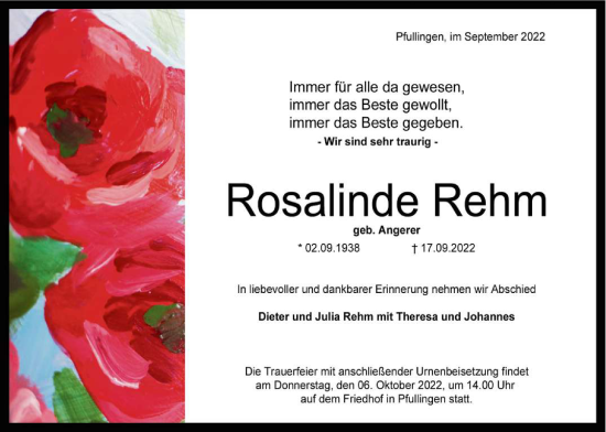 Anzeige von Rosalinde Rehm von Reutlinger General-Anzeiger