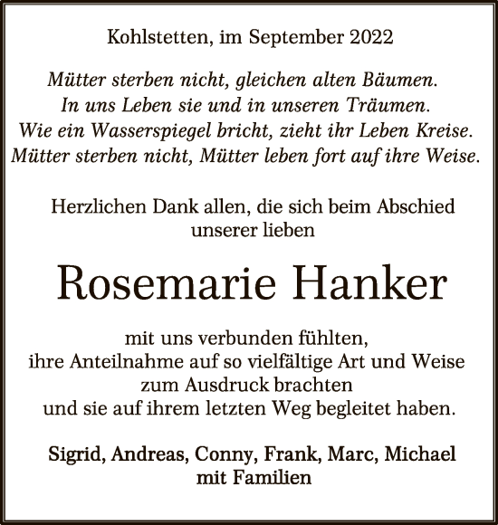 Anzeige von Rosemarie Hanker von Reutlinger General-Anzeiger