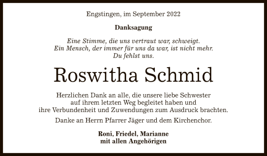 Anzeige von Roswitha Schmid von Reutlinger General-Anzeiger