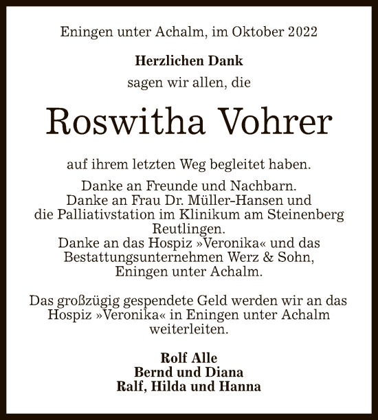 Anzeige von Roswitha Vohrer von Reutlinger General-Anzeiger