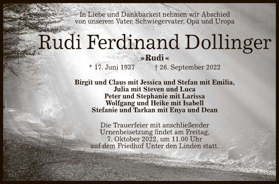 Anzeige von Rudi Ferdinand Dollinger von Reutlinger General-Anzeiger