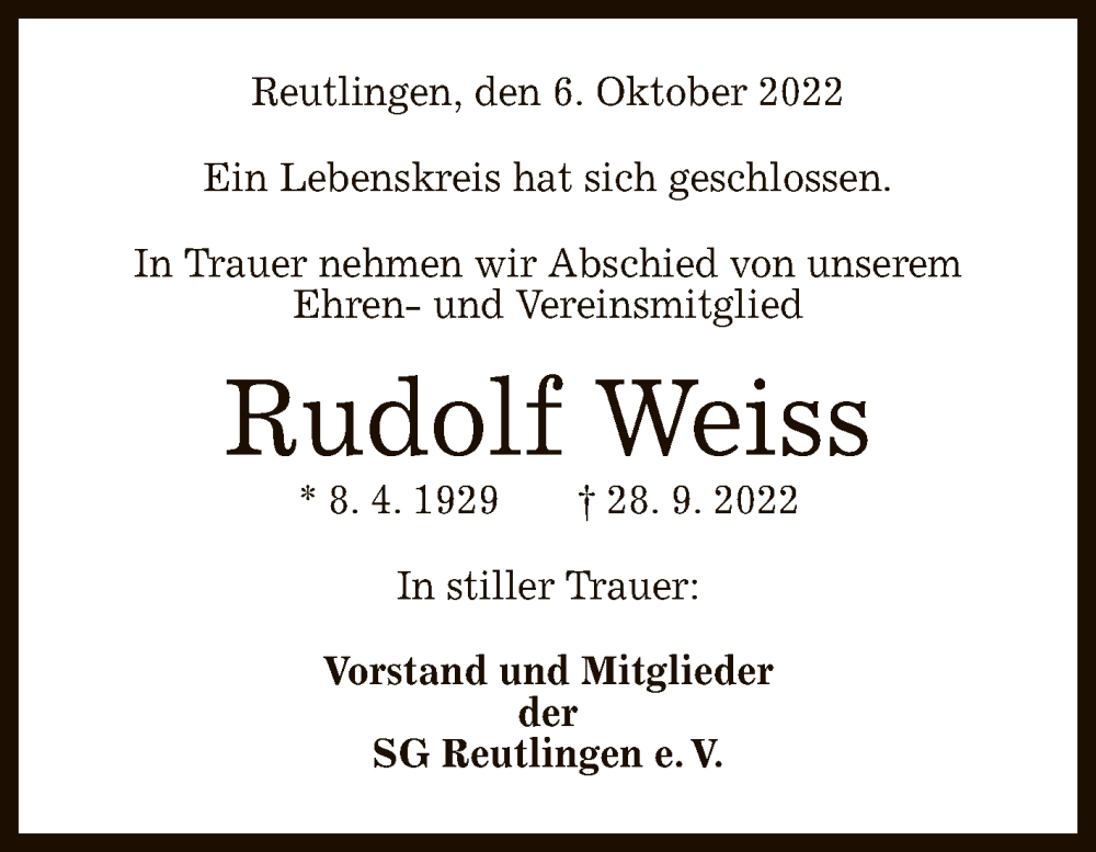  Traueranzeige für Rudolf Weiss vom 07.10.2022 aus Reutlinger General-Anzeiger