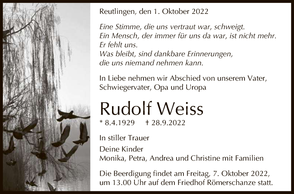  Traueranzeige für Rudolf Weiss vom 01.10.2022 aus Reutlinger General-Anzeiger