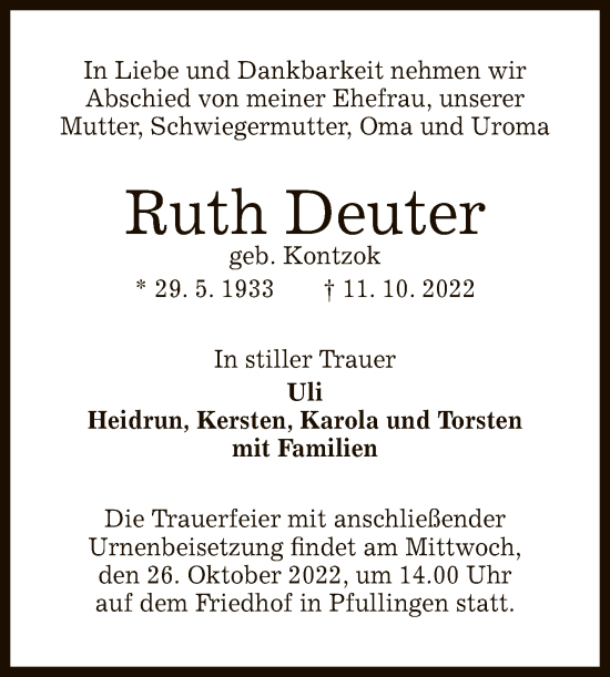 Anzeige von Ruth Deuter von Reutlinger General-Anzeiger
