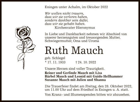 Anzeige von Ruth Mauch von Reutlinger General-Anzeiger