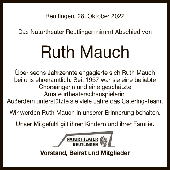 Anzeige von Ruth Mauch von Reutlinger General-Anzeiger
