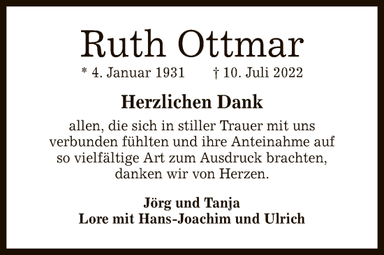 Anzeige von Ruth Ottmar von Reutlinger General-Anzeiger