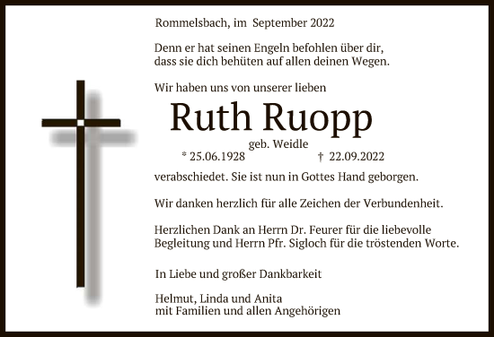 Anzeige von Ruth Ruopp von Reutlinger General-Anzeiger