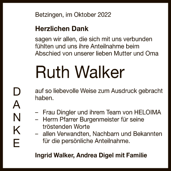 Anzeige von Ruth Walker von Reutlinger General-Anzeiger