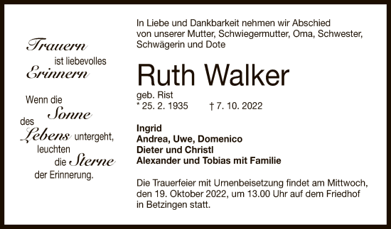 Anzeige von Ruth Walker von Reutlinger General-Anzeiger