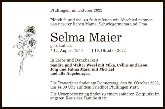 Anzeige von Selma Maier von Reutlinger General-Anzeiger