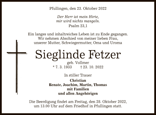 Anzeige von Sieglinde Fetzer von Reutlinger General-Anzeiger