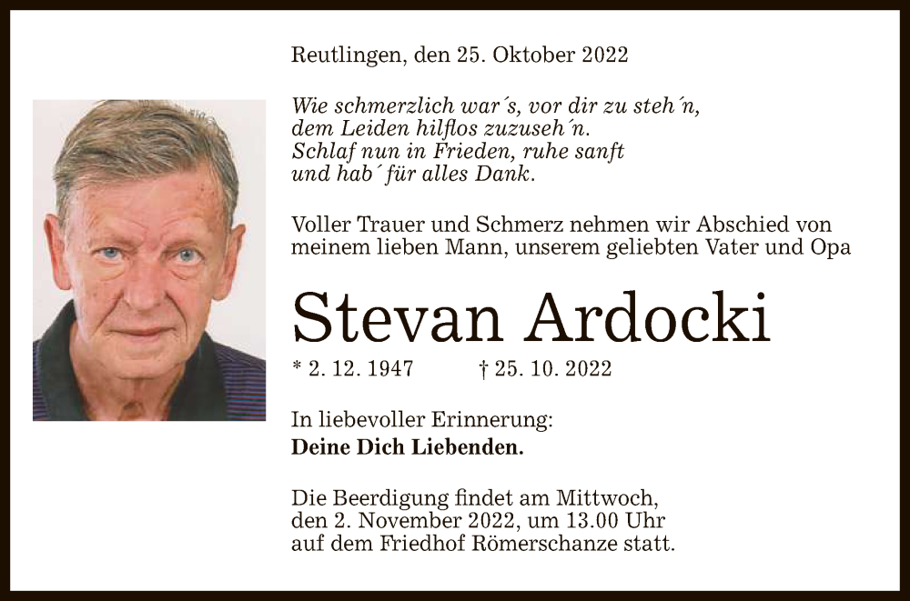  Traueranzeige für Stevan Ardocki vom 27.10.2022 aus Reutlinger General-Anzeiger