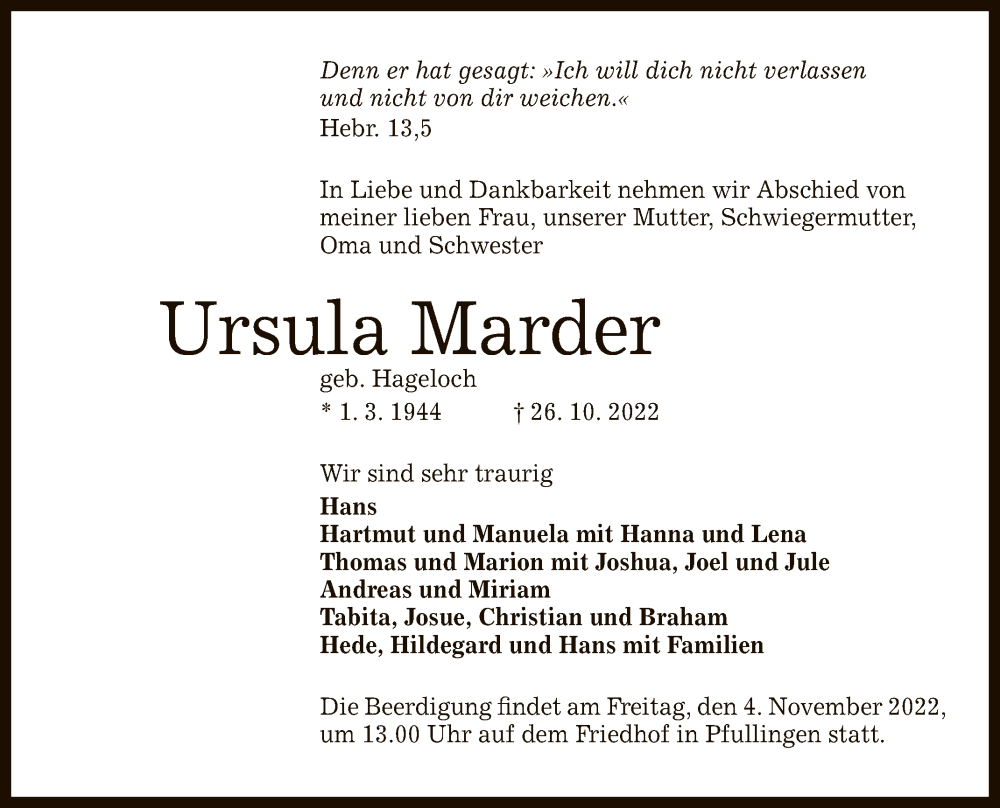  Traueranzeige für Ursula Marder vom 29.10.2022 aus Reutlinger General-Anzeiger