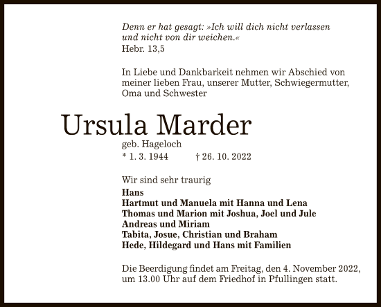Anzeige von Ursula Marder von Reutlinger General-Anzeiger