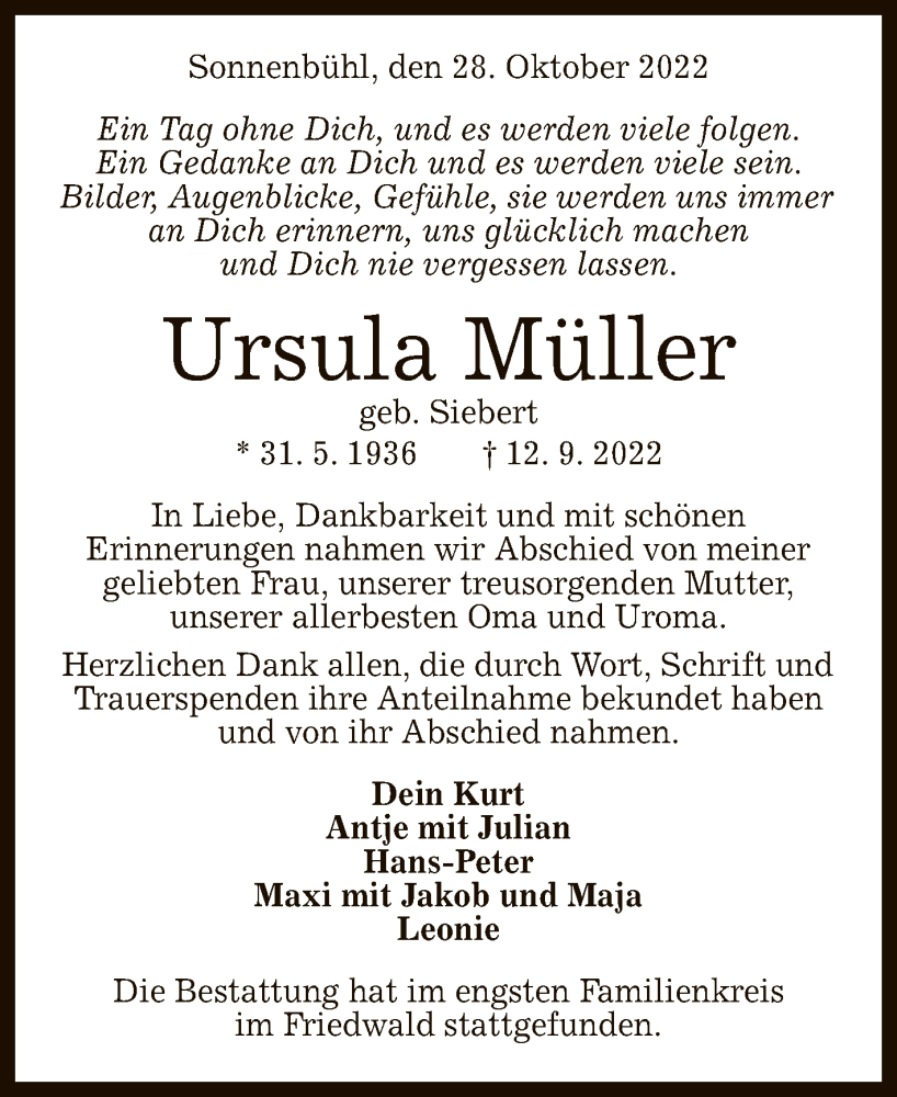  Traueranzeige für Ursula Müller vom 29.10.2022 aus Reutlinger General-Anzeiger