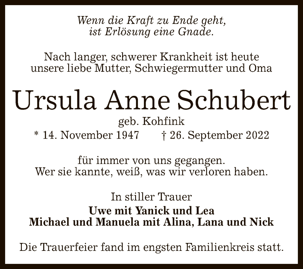  Traueranzeige für Ursula Anne Schubert vom 08.10.2022 aus Reutlinger General-Anzeiger