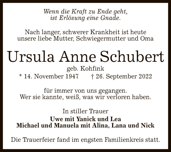 Anzeige von Ursula Anne Schubert von Reutlinger General-Anzeiger