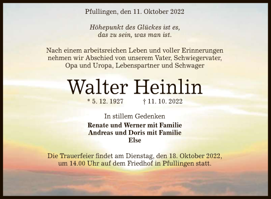 Anzeige von Walter Heinlin von Reutlinger General-Anzeiger