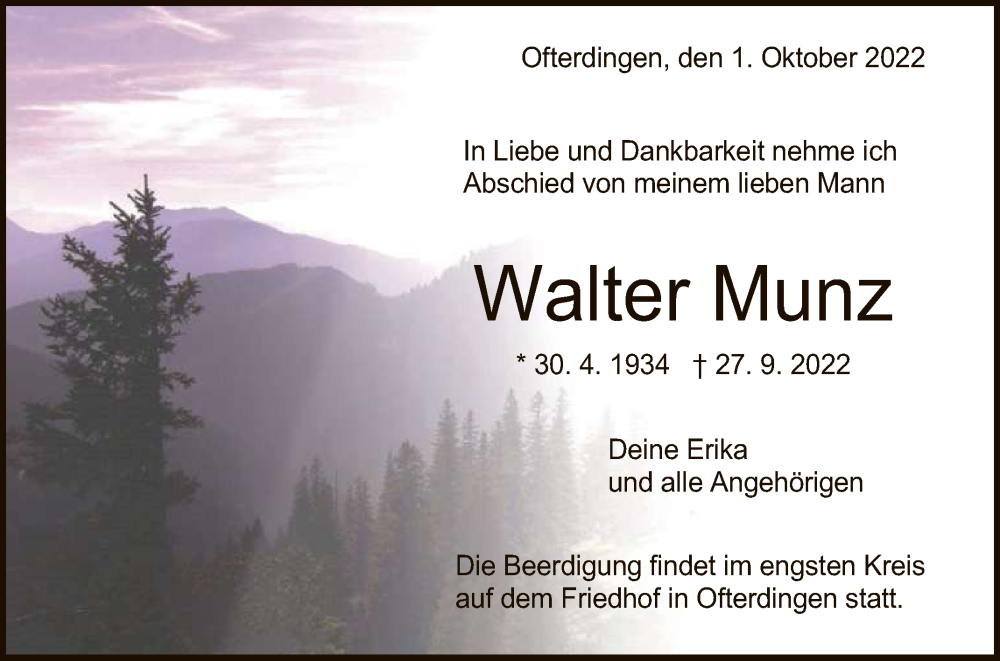  Traueranzeige für Walter Munz vom 01.10.2022 aus Reutlinger General-Anzeiger