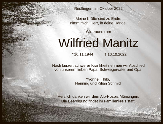Anzeige von Wilfried Manitz von Reutlinger General-Anzeiger