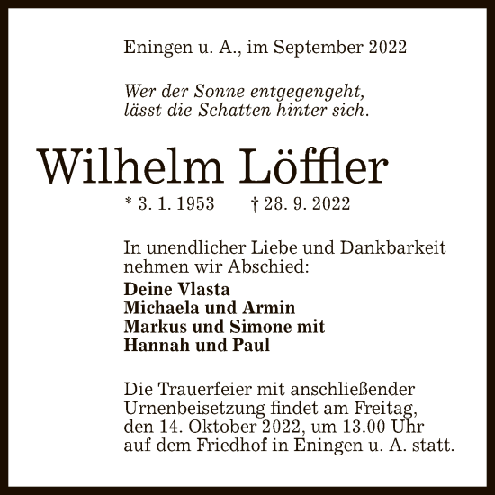 Anzeige von Wilhelm Löffler von Reutlinger General-Anzeiger