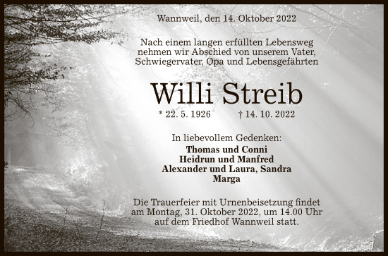 Anzeige von Willi Streib von Reutlinger General-Anzeiger