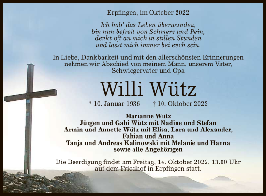 Anzeige von Willi Wütz von Reutlinger General-Anzeiger