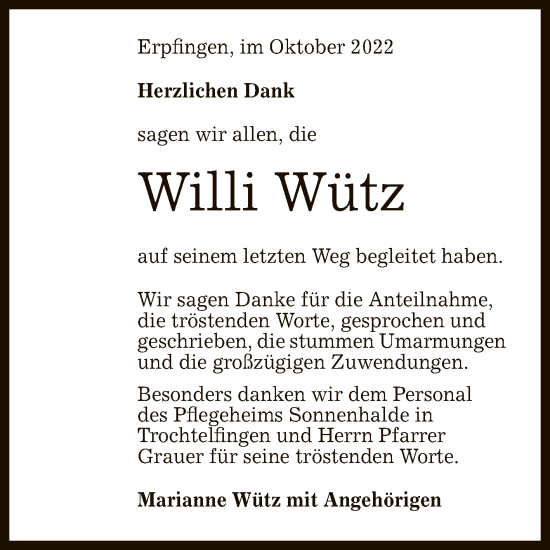 Anzeige von Willi Wütz von Reutlinger General-Anzeiger