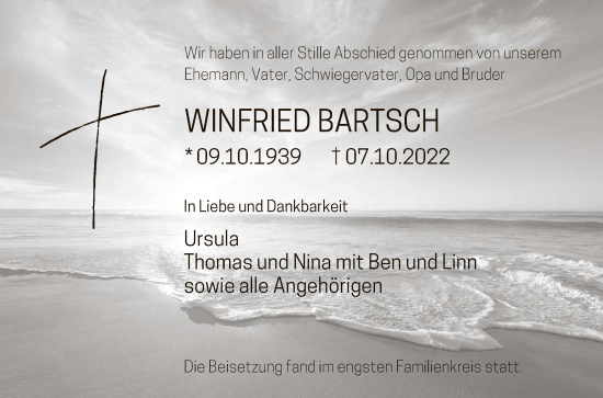 Anzeige von Winfried Bartsch von Reutlinger General-Anzeiger