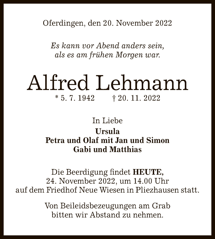 Traueranzeige für Alfred Lehmann vom 24.11.2022 aus Reutlinger General-Anzeiger