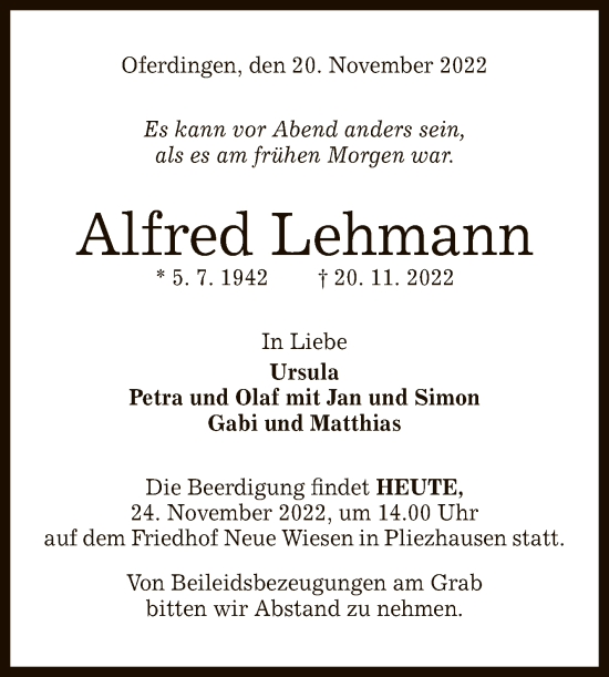 Anzeige von Alfred Lehmann von Reutlinger General-Anzeiger