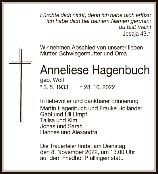 Anzeige von Anneliese Hagenbuch von Reutlinger General-Anzeiger