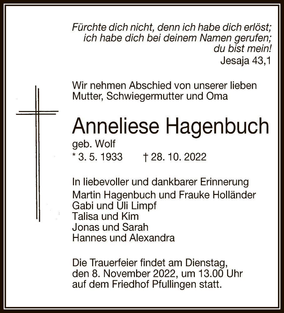  Traueranzeige für Anneliese Hagenbuch vom 04.11.2022 aus Reutlinger General-Anzeiger