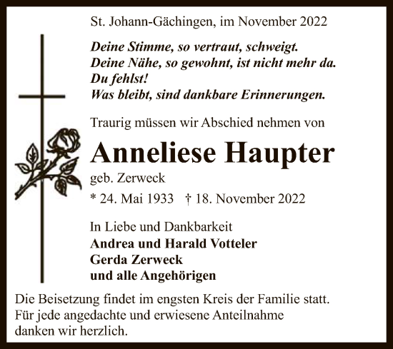 Anzeige von Anneliese Haupter von Reutlinger General-Anzeiger