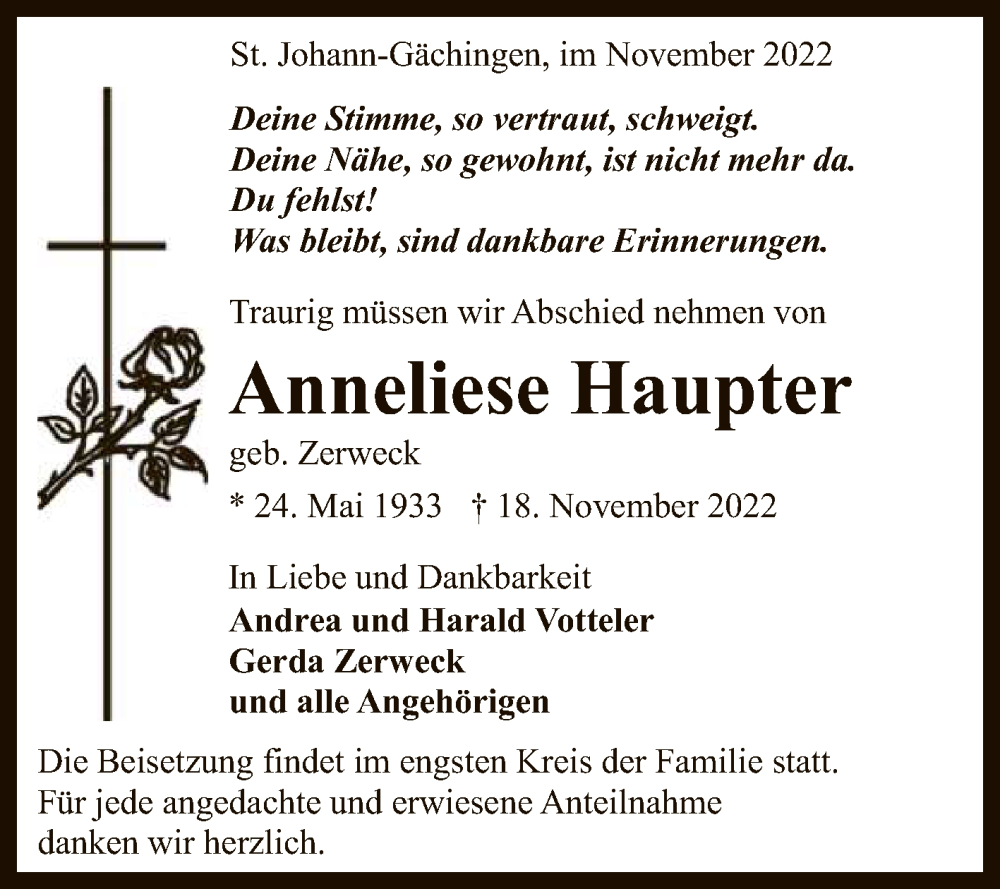  Traueranzeige für Anneliese Haupter vom 25.11.2022 aus Reutlinger General-Anzeiger