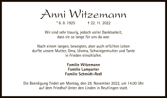 Anzeige von Anni Witzemann von Reutlinger General-Anzeiger