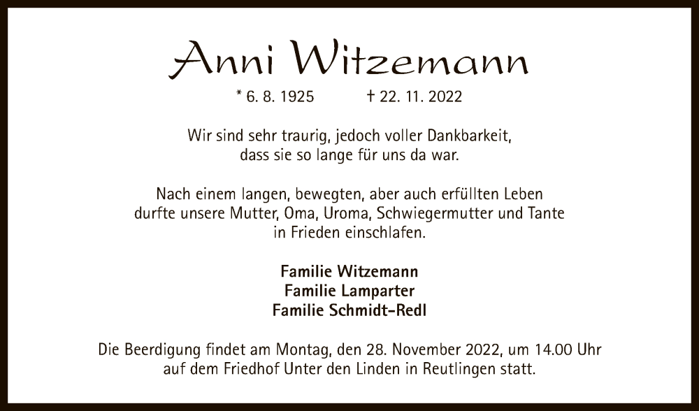  Traueranzeige für Anni Witzemann vom 25.11.2022 aus Reutlinger General-Anzeiger