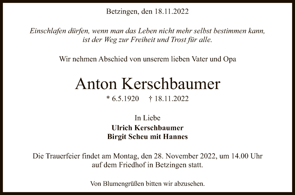  Traueranzeige für Anton Kerschbaumer vom 24.11.2022 aus Reutlinger General-Anzeiger