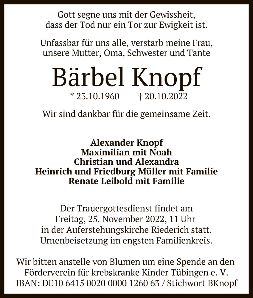  Traueranzeige für Bärbel Knopf vom 22.11.2022 aus Reutlinger General-Anzeiger