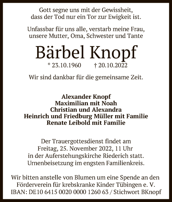 Anzeige von Bärbel Knopf von Reutlinger General-Anzeiger