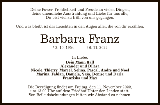 Anzeige von Barbara Franz von Reutlinger General-Anzeiger