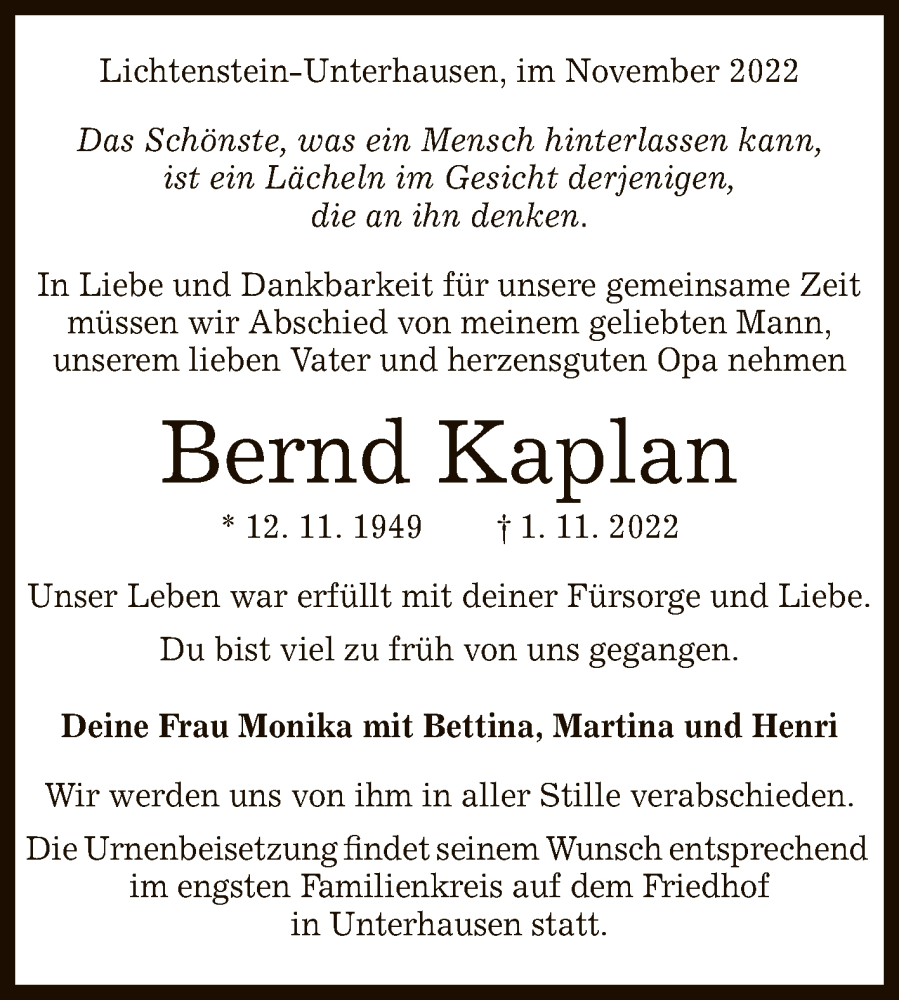  Traueranzeige für Bernd Kaplan vom 05.11.2022 aus Reutlinger General-Anzeiger