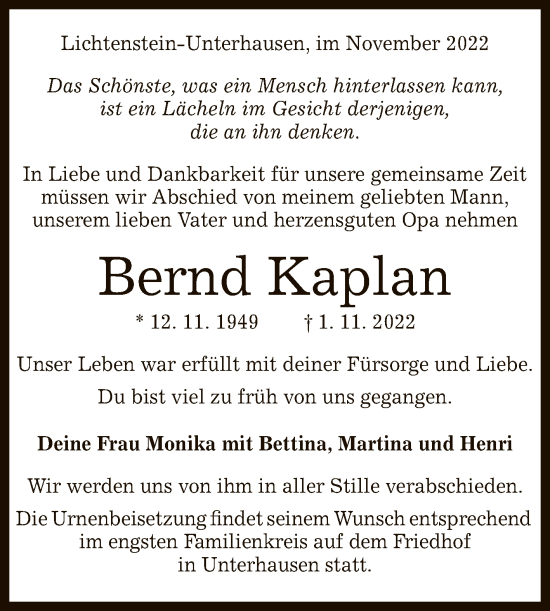 Anzeige von Bernd Kaplan von Reutlinger General-Anzeiger