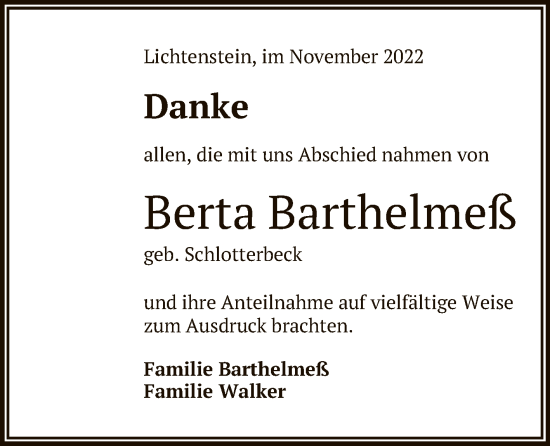 Anzeige von Berta Barthelmeß von Reutlinger General-Anzeiger